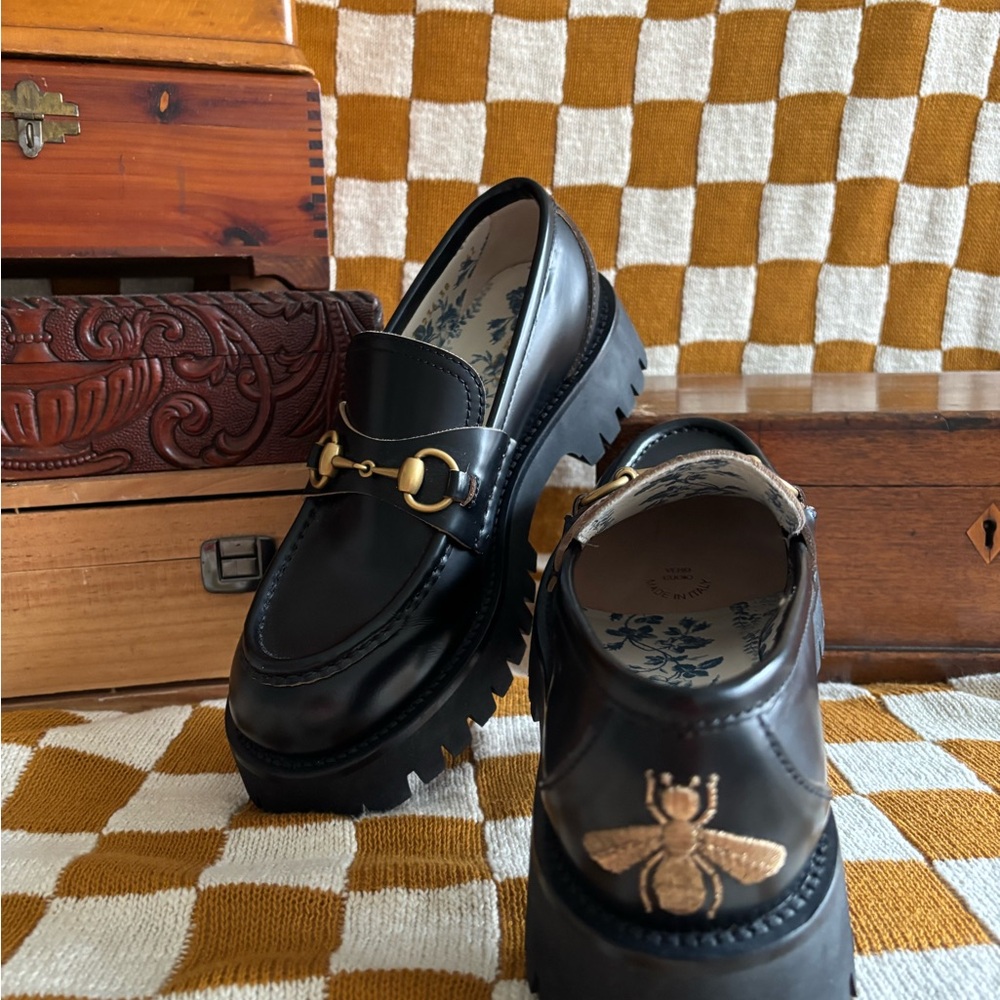 Gucci Black Loafers with Gold Embroidery